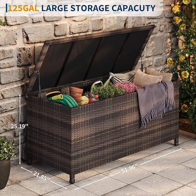 125-Gallon Outdoor Deck Box with Wheels, Waterproof PE Rattan & Aluminum Frame Storage Bin, Lockable Patio Furniture Chest for Cushions, Garden Tools, Pool Toys, Brown