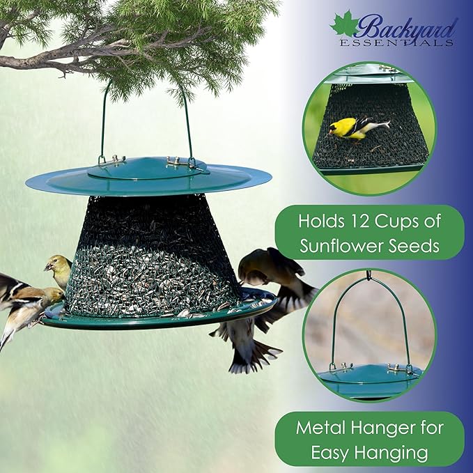 Collapsible Metal Mesh Bird Feeder with Tray - Green Cardinal Feeder - Holds 12 Cups of Sunflower Seeds