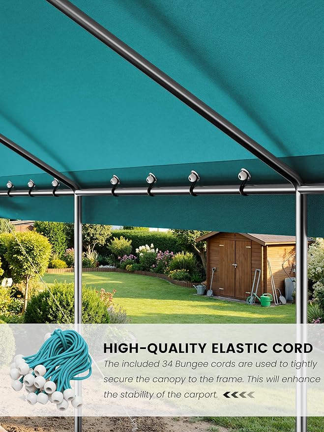 10 x 20 Ft Carport Replacement Cover, Heavy Duty Outdoor Car Tarp Canopy, Waterproof & UV Protected Tear Oxford Tarp with Ball Bungees (Frame is Not Included)