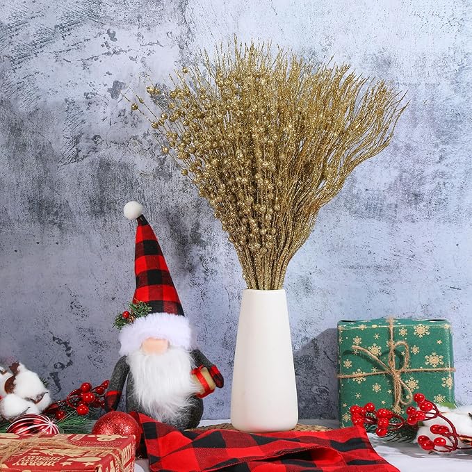 Yuxung 36 Pcs 17'' 15'' Christmas Artificial Glitter Berry Stems 4 Styles Xmas Decorative Tree Picks Branches Large Glittery Twigs for Christmas Tree Xmas Wreath Vase Filler(Gold)