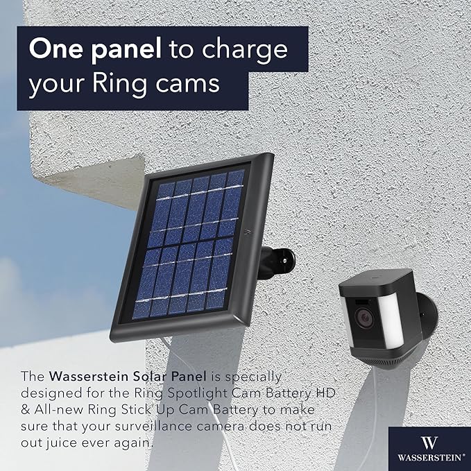 Wasserstein Solar Panel Compatible with Ring Spotlight Cam/Plus/Pro Battery, Stick Up Cam/Pro & Outdoor Cam Plus Battery - Continuous Power for Ring Surveillance Camera (1-Pack, Black)