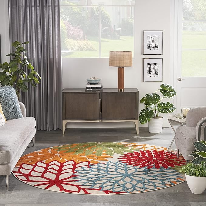Nourison Home Aloha Green 7'10" x Round Area Rug - Easy Clean, Non Shedding, Bed Room, Living Room, Dining Room, Kitchen (8' x Round)