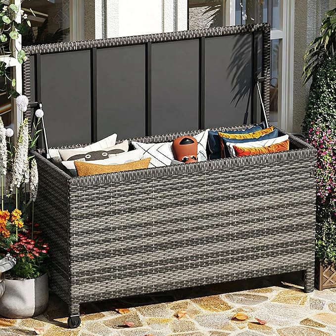 Wicker Deck Box, 125 Gallon All-Weather Outdoor Storage Box, Rattan Storage Bin for Patio Furniture, Outdoor Cushions, Pool Storage and Garden Tools, Grey