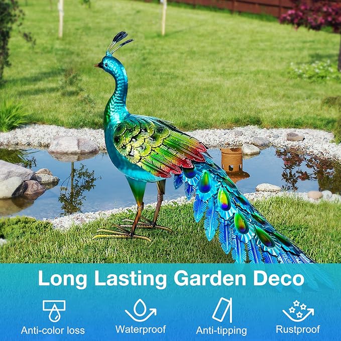 Elegant Metal Peacock Statue – Vibrant Garden Statues and Durable Metal Yard Art with Stunning Blue-Green - Peacock Decort for Patio Lawn or Backyard - Heartfelt Outdoor Art Gift for Women