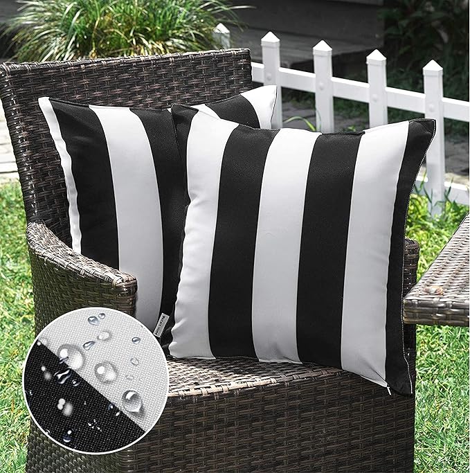 WESTERN HOME WH Pack of 2 Decorative Outdoor Waterproof Striped Throw Pillow Covers Polyester Garden Modern Farmhouse Striped Cushion Cases for Patio Tent Balcony Couch Sofa 18x18 inch Black