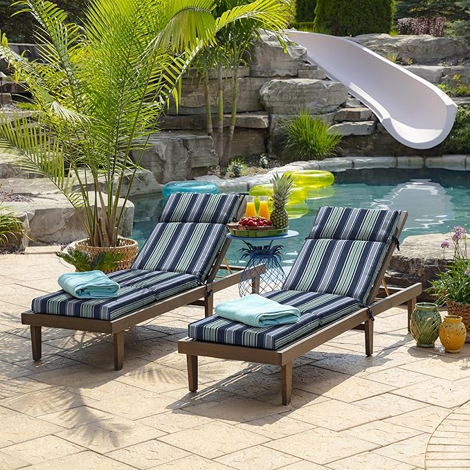 Arden Outdoor Chaise Lounge Cushion, 22 x 77, Rain-Proof, Fade Resistant Sapphire Aurora Blue Stripe
