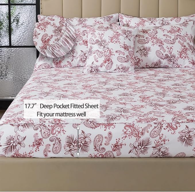 FADFAY Paisley Sheets Set King 100% Egyptian Cotton Exotic Tropical Floral Sheets Vintage Red & White French Country Bedding Shabby Romantic Farmhouse Bedding Soft & Breathable Deep Pocket, 4Pcs