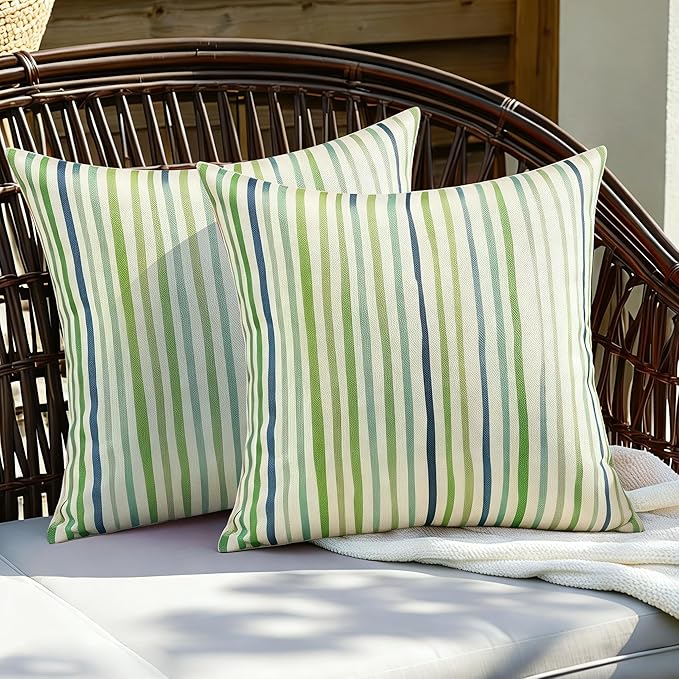 All Smiles Spring Outdoor Green Throw Pillow Covers for Patio Bench Garden Porch Sunbrella Furnitures Sage Lines Stripes Cushion Cases Decorative 16x16 Set of 2 for Sofa Couch