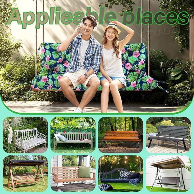 Porch Swing Cushions Outdoor 60 inch Waterproof Thicken 5" Swing Cushions Replacement with Backrest and Ties for Outdoor Furniture Porch Patio Garden Lawn (Rainforest Pattern)