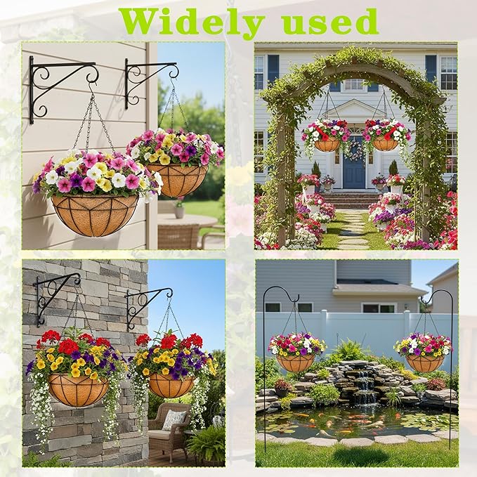 4 Pack 16 Inch Black Wire Hanging Planter with Coir Fiber Outdoor Round Hanging Basket with Metal Chain for Balcony Porch Farmhouse Country Style Garden Decor (Geometric)