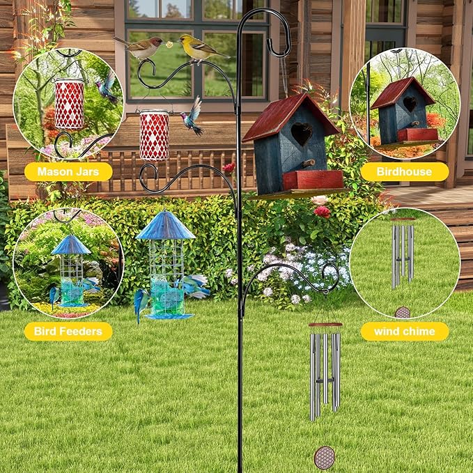 Bird Feeder Pole Heavy Duty 76" Adjustable Shepherd Hook, 5-Prong Ground Stake Rustproof Outdoor Garden Stand for Plants Hummingbird Feeder Lantern Wind Chime - No Digging