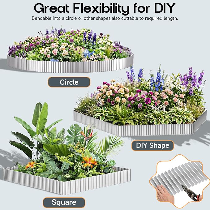 MTART Metal Garden Edging for Landscaping, Sturdy Corrugated Edging Border for DIY Flower Bed, Lawn and Landscape Edging (Silver, 6"×20Ft)