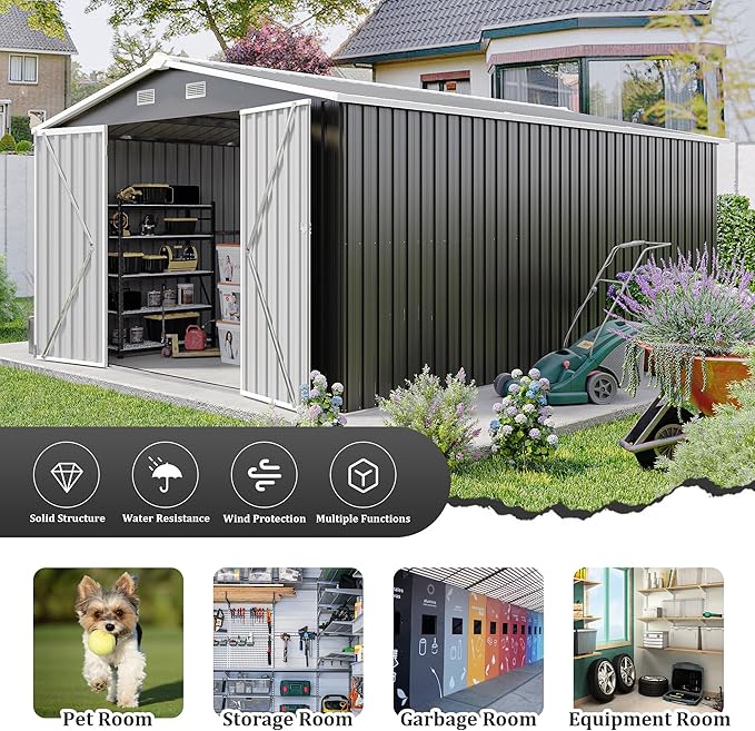 YOPTO 10x14 FT Outdoor Storage Shed, Extra Large Metal Garden Shed with Waterproof Roof, 4 Vents and 3 Lockable Doors,All-Weather Tool Shed Storage House for Backyard, Patio, Lawn,Dark Grey