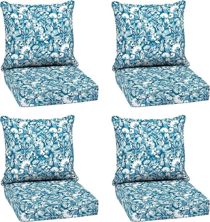 Arden Outdoor Deep Seat Cushion Set (4-Pack), 24 in x 24 in, Weather-Proof, Rain-Proof, Fade Resistant Patio Cushion for Chair, Sofa, and Couch Aqua Blue Fusion Floral