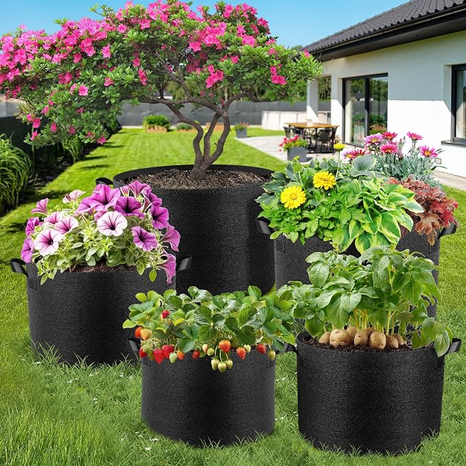 Jorvila 5 Pack 7 Gallon Grow Bags, Thickened Nonwoven Fabric Planter Pots with Handles, Heavy Duty 300G Garden Pots for Tomato, Potato and Vegetable