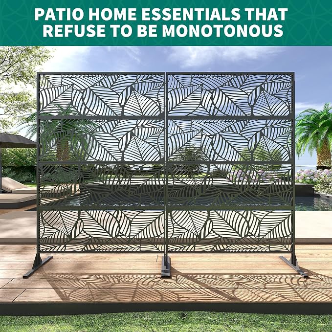 6FT Metal Privacy Screen Outdoor, Decorative Privacy Fence, Weather-Resistant Freestanding Panel with Stand, Durable Steel for Patio, Garden, Balcony, or Backyard, Leaf
