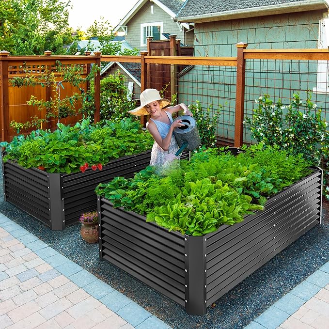 YITAHOME 8x4x2ft Raised Garden Bed Kit, Outdoor Large Metal Patio Planter Box with 2 Gloves, Ground Nails, Support Rod, and Safe Edge Curling Design for Plants Vegetables Flowers, Dark Gray