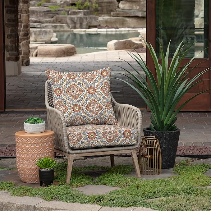 Arden Outdoor Deep Seat Cushion Set (2-Pack), 24 in x 24 in, Weather-Proof, Rain-Proof, Fade Resistant Patio Cushion for Chair, Sofa, and Couch Global Vintage Medallion
