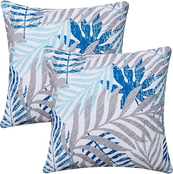 Allorry Outdoor Pillow Covers 20x20 Set of 2 Hawaii Tropics Palm Leaves Blue Gray Floral Pattern Decoration Pillow Covers for Spring Summer Outdoor Waterproof Garden Patio Sofa Bed Decor JB010-B20