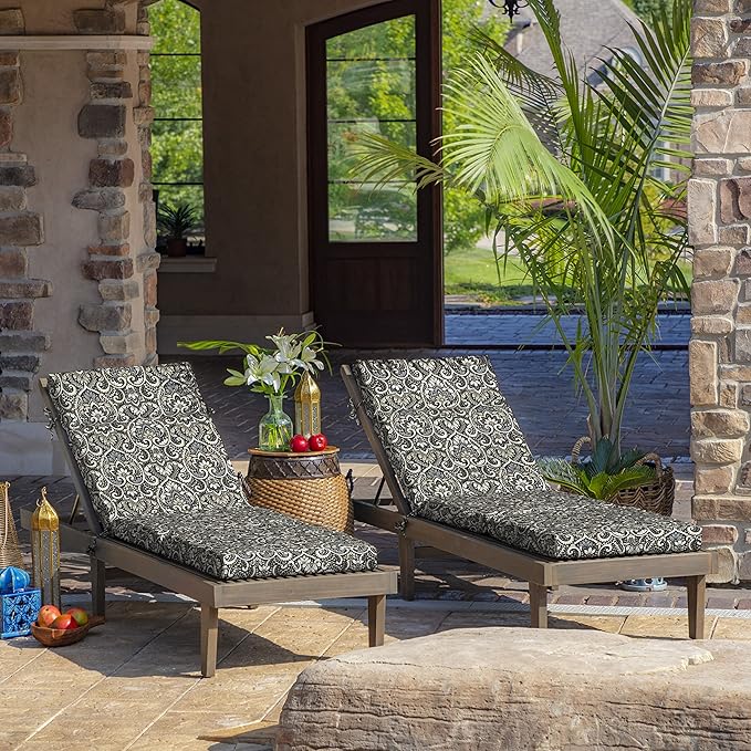 Arden Outdoor Chaise Cushion, 21 in x 72 in, Weather-Proof, Rain-Proof, Fade Resistant Patio Cushion for Chaise Lounger Black Aurora Damask