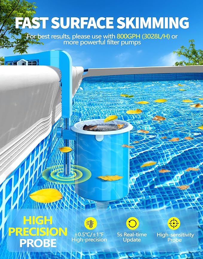 BluSwim Above Ground Pool Skimmer with Solar Digital Thermometer | Wall Mount Surface Skimmer - Auto Skimming Pool Floating Debris | 2 Upgraded Bracket - More Stable & Height Adjustable