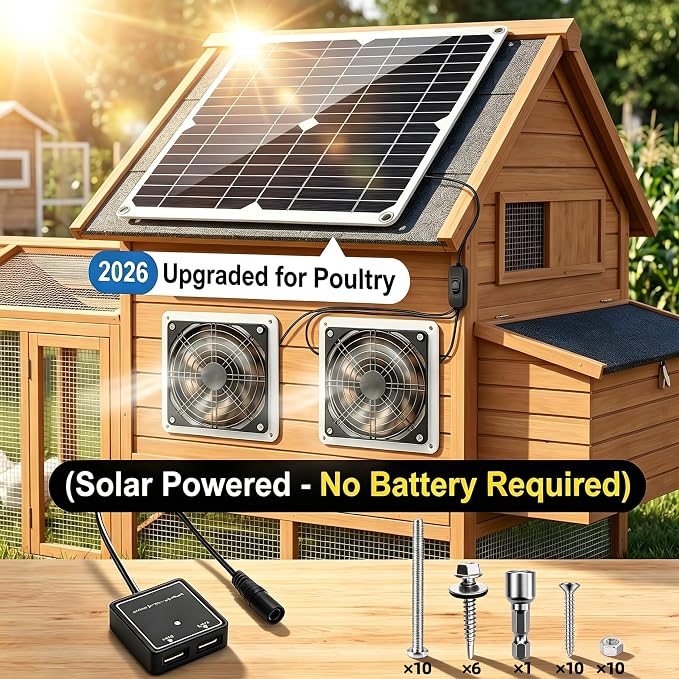 20W Monocrystalline Solar Powered Fan Kit, IP54 Waterproof Dual Exhaust Fan with Control Switch & USB Ports for Chicken Coop, Greenhouse, Shed, RV, Outdoor Ventilation