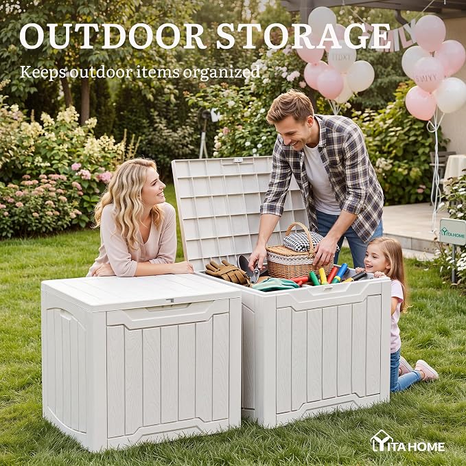 YITAHOME 31 Gallon Deck Boxes Set of 2, Lockable Outdoor Storage Bins for Patio Cushions, Garden Tools, Weather-Resistant Resin Storage Solution, White