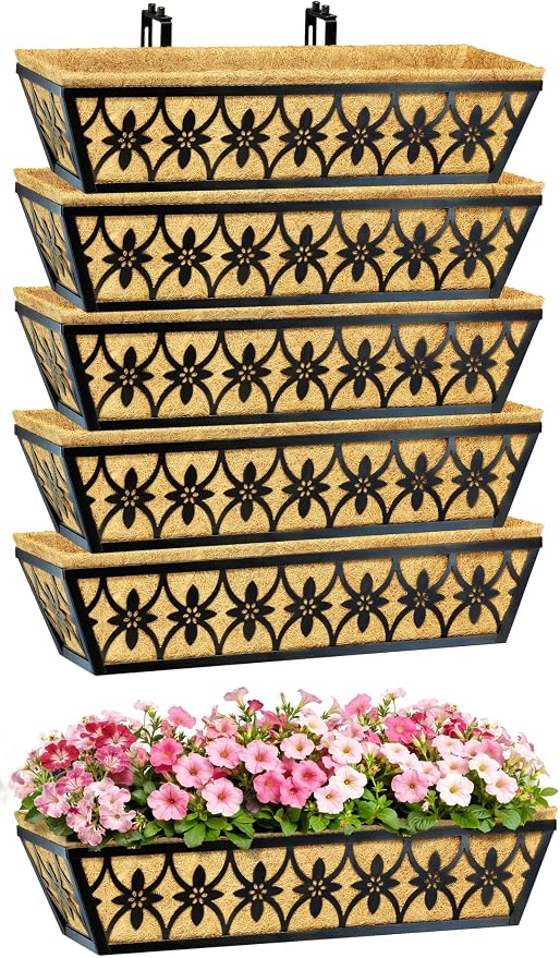 24 Inch Window Boxes Planters Railing Planter Box - 6 Pack Deck Railing Planter Boxes with Adjustable Brackets Coco Liners Balcony Planters Railing Hanging for Window Flower Boxes Outdoor Garden Decor