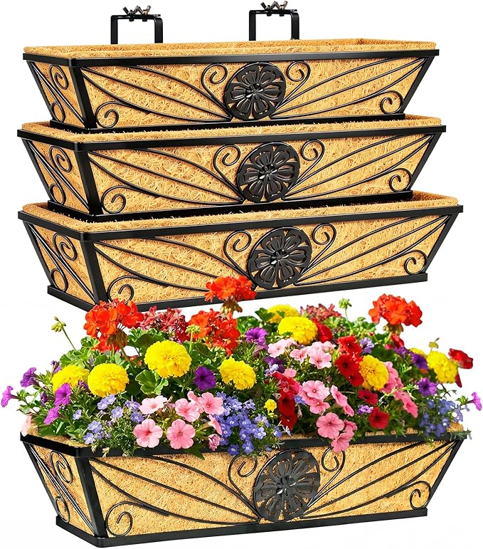 4 Pack 24 Inch Railing Planter Boxes with Coco Liner, Floral Scroll Metal Window Box Planters for Outdoor Plants, Black Hanging Window Baskets for Garden, Patio, Balcony Railing Decor