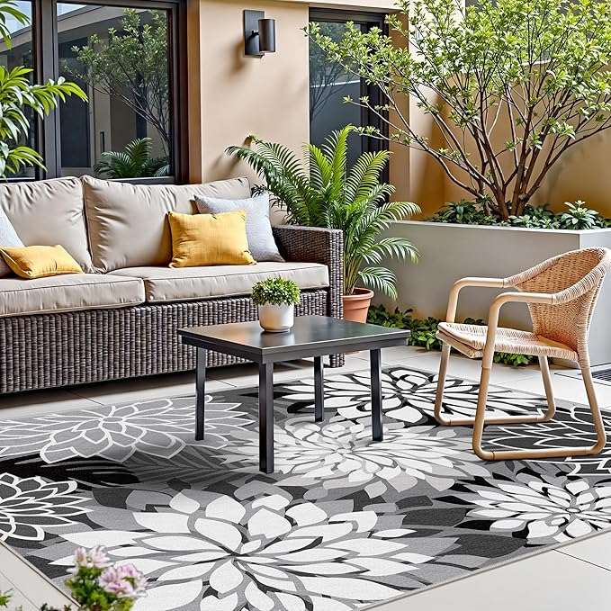 9x12 Outdoor Area Rug Washable Multicolored Patio Rug Tropical Botanical Floral Chenille Waterproof Outdoor Carpet Non-Slip for Deck, Backyard, Porch, Black