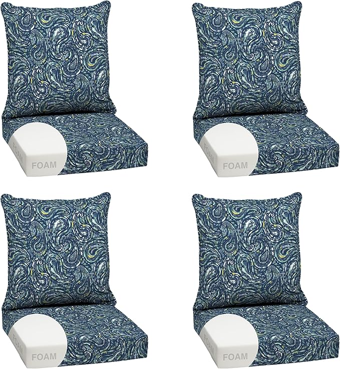 Arden earthFIBER Outdoor Foam Deep Seat Cushion (4-Pack), 24x24, Premium High-Density Foam, Never Flattens, Weather-Proof for Patio Chair Sofa Couch, Sapphire Blue Ridge Paisley
