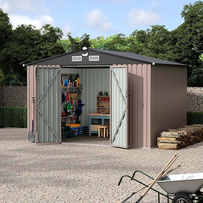 8X10 ft Outdoor Metal Storage Building, Solar lamp, Secure Lockable Door & Air Ventilation System, Premium Metal Tool Shed for Garden, Backyard, Patio, Ideal for Lawn Equipment & Tools