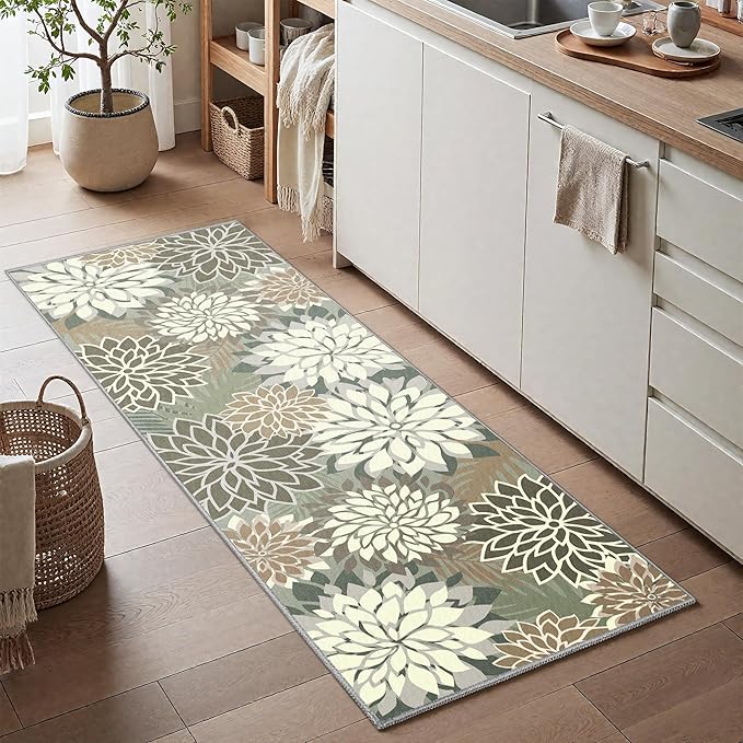 2x6 Washable Runner Rug for Hallway Tropical Botanical Modern Floral Chenille Kitchen Rugs Low Pile Non Slip Carpet for Patio, Bedroom, Laundry, Taupe