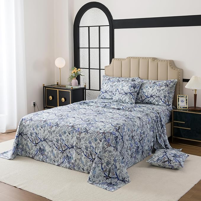 FADFAY Sheets Set Twin Botanical Bird Floral Bed Sheets Set Vintage Blue Farmhouse Bedding Shabby Branches Bedding Collections 100% Egyptian Cotton Breathable Soft 17.7" Deep Pocket 4Pcs, Twin Size