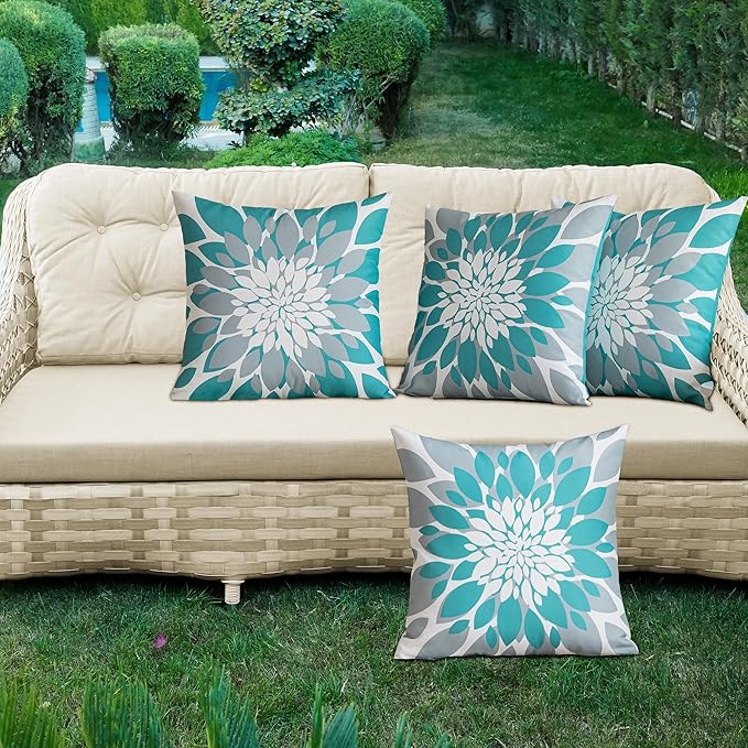 Qahing Pack of 4 Outdoor Waterproof Pillow Covers 16x16 Decorative Outdoor Throw Pillows Garden Square Cushion Cases for Patio Furniture, Couch, Tent Sunbrella, Bench, Teal Turquoise Grey