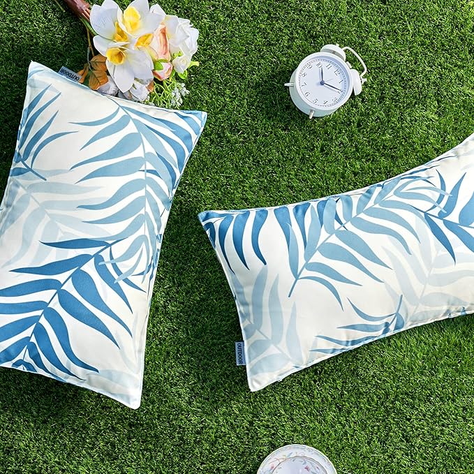 MIULEE Pack of 2 Decorative Outdoor Waterproof Throw Pillow Covers Patio Pillow Cases Natural Leaves Pattern Spring Square Cushion Shams Shell for Garden Balcony Couch 12x20 Inch, Light Blue