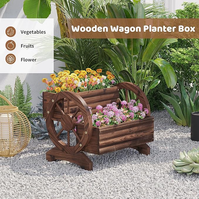 FILWH Wooden Wagon Planters for Outdoor Plants, Flower Cart, Wood Planter Boxes Outdoor, Backyard Decor, Flower Planters Outdoor with Wheels Planter for Flowers Vegetables (Carbonized)
