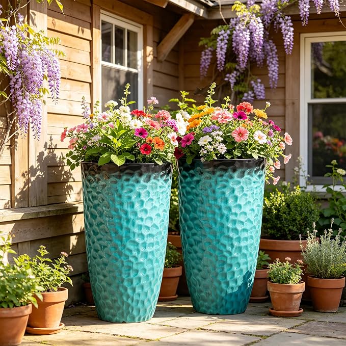 23.75" H Large Tall Outdoor Planters, Set of 2 Plastic Large Flower Pots for Outdoor Plants, with Turquoise Teal Honeycomb Texture, Weather-Resistant for Porch, Garden, Patio or Indoor Use
