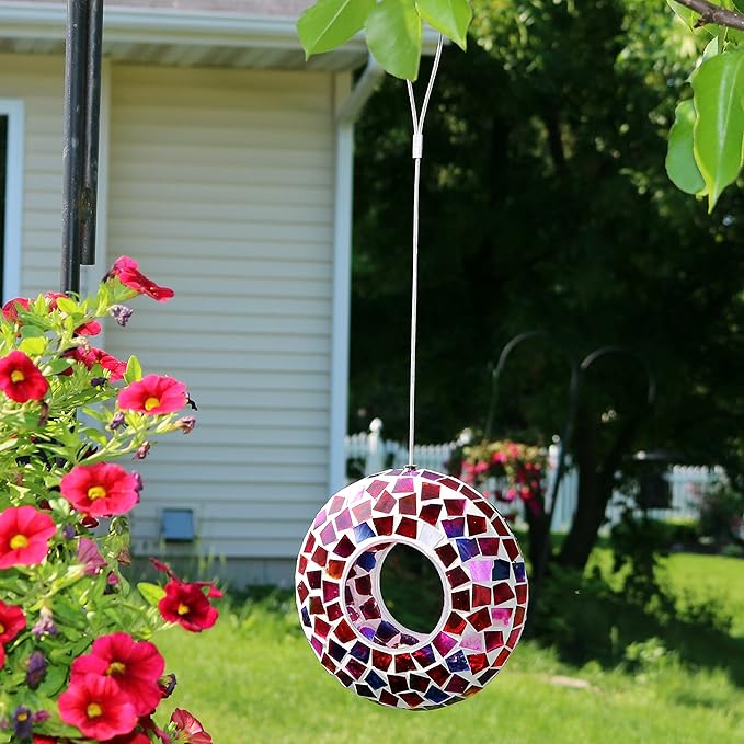Sunnydaze 6-Inch Glass Mosaic Hanging Bird Feeder for Outdoors - Fly-Through Glass Bird Feeder for Cardinals, Jays, Finches and More - Crimson Mosaic