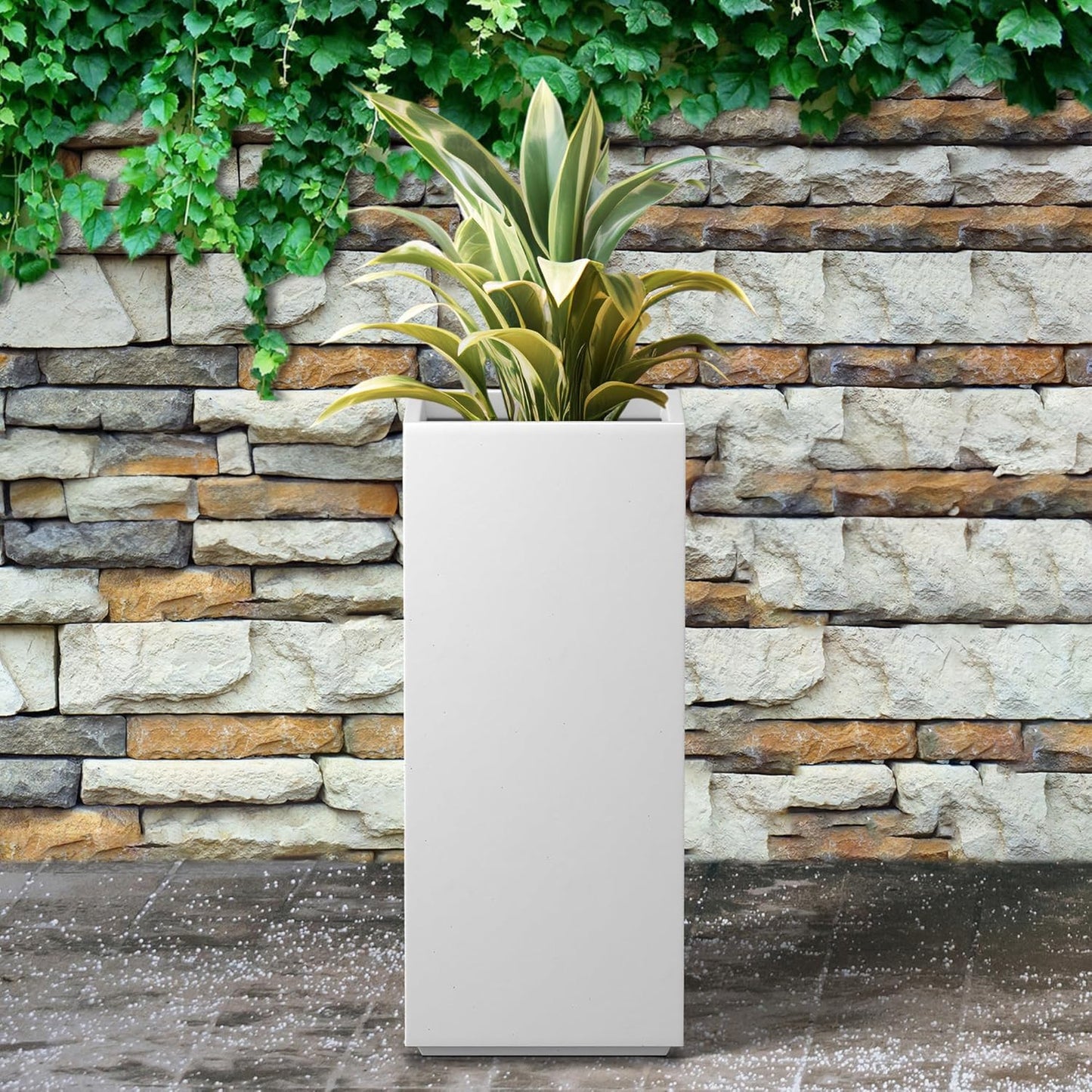 Kante 27.6" H Tall Rectangular Concrete Planter, Modern Square Diameter Plant Pot with Drainage Hole and Rubber Plug for Indoor Outdoor Home Patio Garden, Pure White