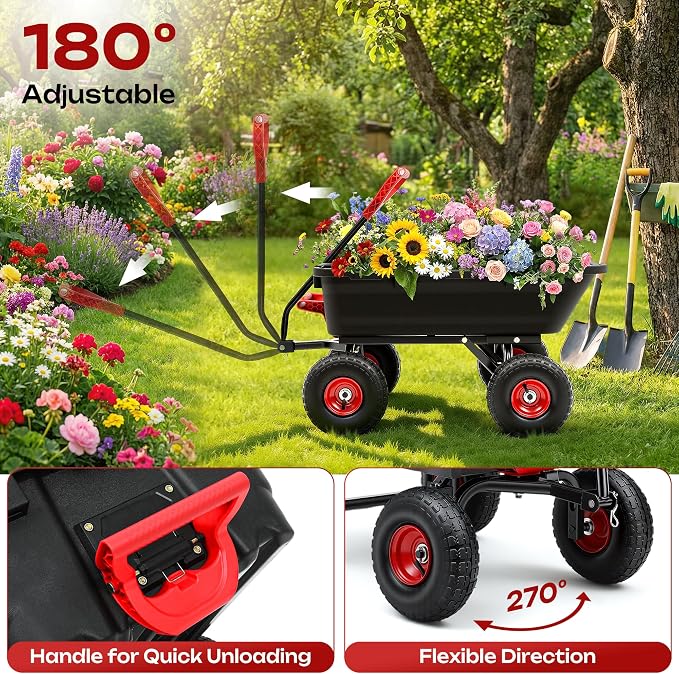 1200lbs Garden Dump Cart,7 Cu.Ft Utility Wagon Cart with Hitch,Heavy Duty Yard Dump Wagon Wheelbarrows with 13" All Terrain Wheels & 2-in-1 Handle,Tow Behind for Lawn Mower Tractor ATV
