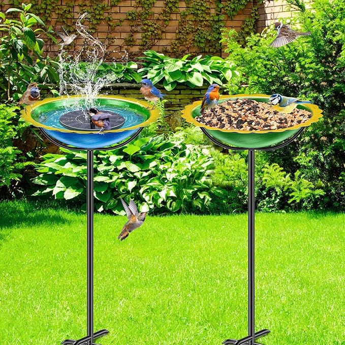 Metal Bird Bath for Outside, Garden Birdbath Bowl Freestanding Bird Feeders for Outdoors with 4 Prongs Base Stake, Standing Birdfeeders for Yard Lawn Decor (Blue Yellow)