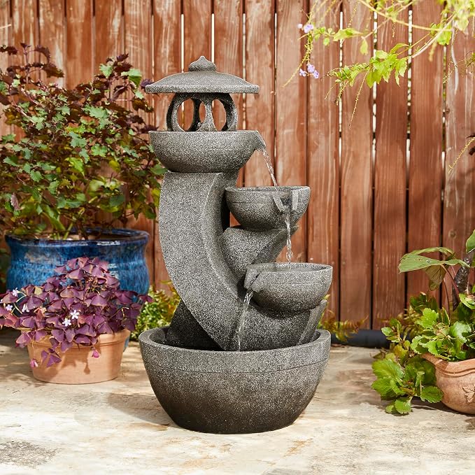 Glitzhome Pagoda Outdoor Water Fountain with LED Light, 4-Tier Oversized Cascading Stacked Stone Waterfall Fountains, Natural Stone Look Outdoor Fountain for Garden Patio Porch, 32”H