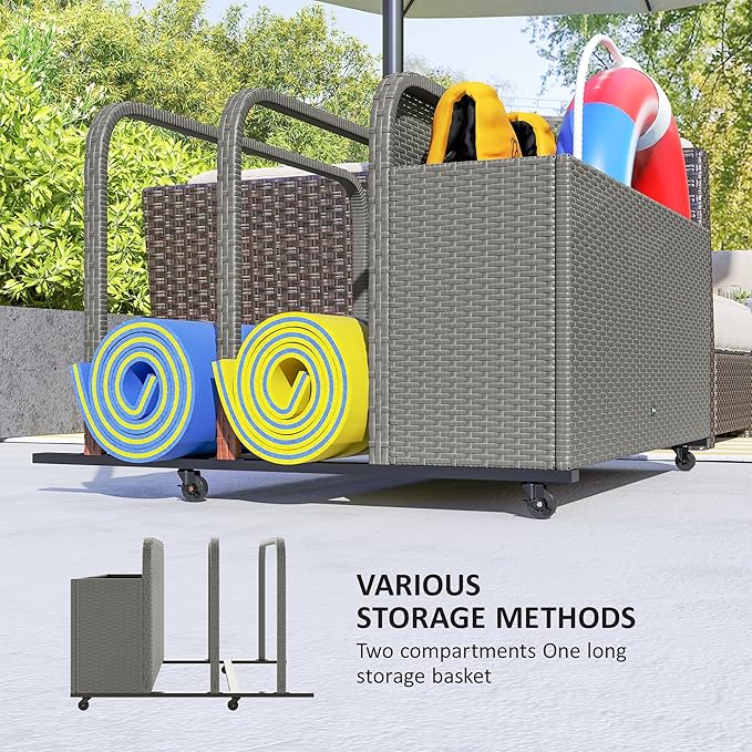 Outsunny Wicker Patio Pool Float Storage Basket, PE Rattan Outdoor Pool Caddy with Rolling Wheels for Floaties, Noodles, Life Vests, Beach Balls, Patio Furniture, Mixed Gray