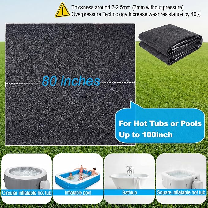 Upgraded 80 * 80inch Square Hot Tub Mat, Extra Large Inflatable Hot Tub Pad Outdoor Indoor, Waterproof Slip-Proof Backing, Absorbent Spa Pool Ground Base Flooring Protector Mat