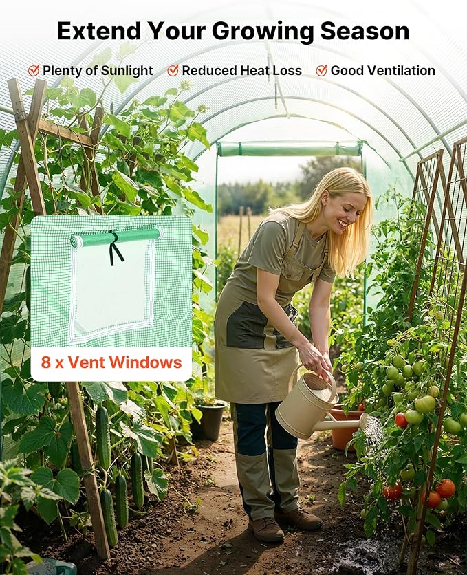 VEVOR Walk-in Tunnel Greenhouse, 15 x 7 x 7 ft Hoop House Greenhouse Tunnel with Watering System, Plant Hot House with Steel Frame, PE Cover, Roll-Up Zipper Door and 8 Windows for Outdoors, Green