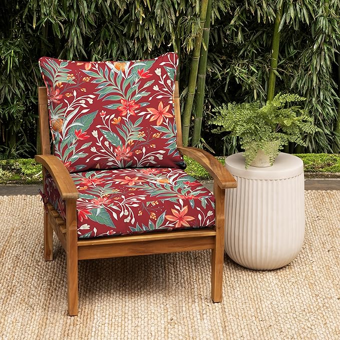 Arden earthFIBER Outdoor Foam Deep Seat Cushion Set, 24x24, Premium High-Density Foam, Never Flattens, Weather-Proof for Patio Chair Sofa Couch, Luau Red Tropical Floral