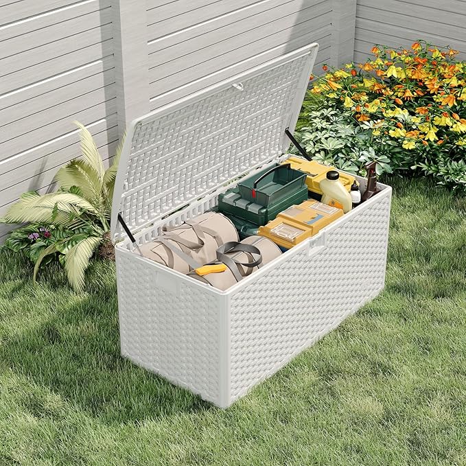 Garvee 120 Gallon Waterproof Large Resin Deck Box Indoor Outdoor, Lockable Storage Container for Patio Furniture Tools, Waterproof Deck Box with Hydraulic Rod Patio Storage Bin for Pool Garden, White