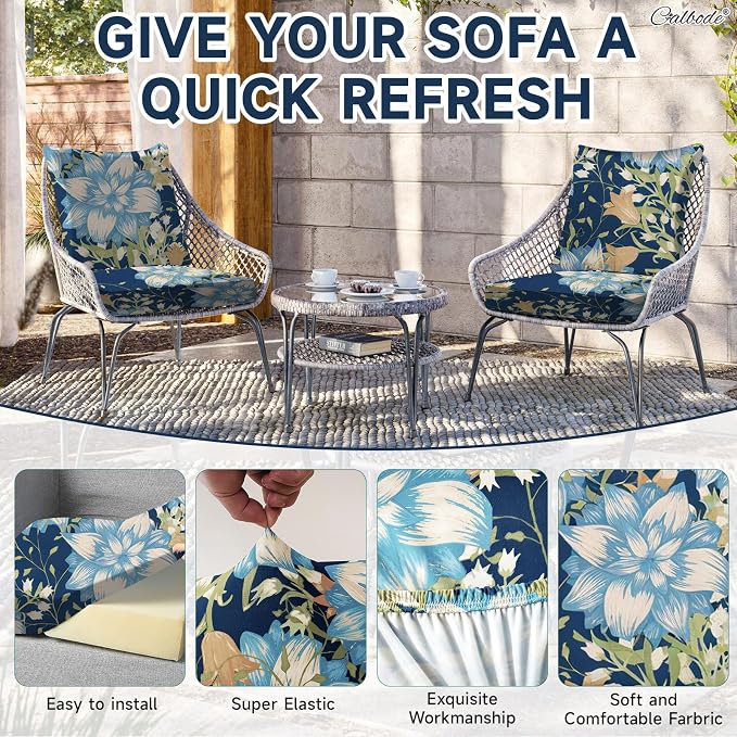 CALBODE 8Pcs Stretch Patio Cushion Cover, Printed Couch & Sofa Slipcovers for Patio Furniture Cushions Washable Reusable Couch Covers Replacement for Autumn Winter (Dark Blue Floral, Cover Only)
