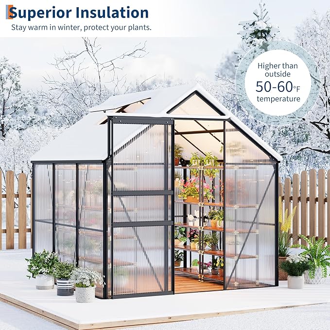6x6FT Greenhouse for Outdoors, Walk-in Polycarbonate Greenhouse with Sliding Door, Adjustable Roof Vent & Gutter System, Portable Outdoor Green House Kit for Winter Gardening